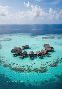 Luxurious Overwater Bungalows on Turquoise Ocean With Cloudy Sky