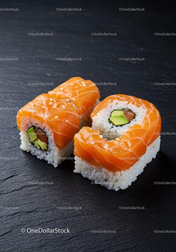 Fresh salmon avocado sushi rolls on black slate