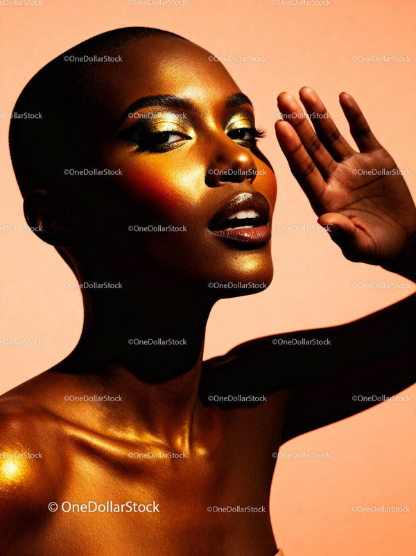 Radiant Black Woman with Gold Makeup on Peach Background