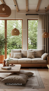 Cozy living room with natural light and wooden accents