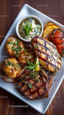 Delicious Grilled Chicken with Roasted Vegetables and Herb Dip