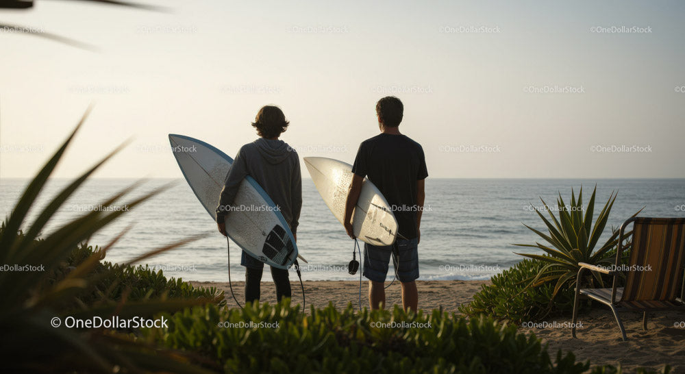 Two Surfers with Surfboards at Beach Ready for Waves