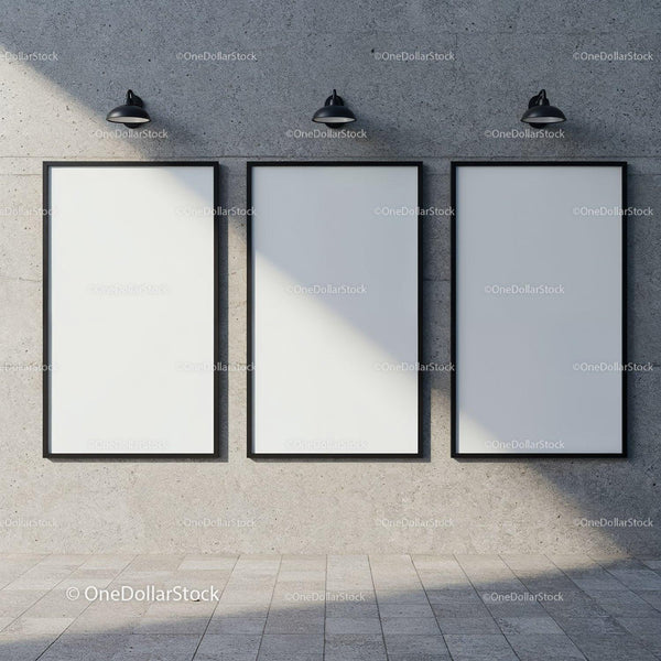 Three blank vertical posters on concrete wall gallery JPG Mockup Image