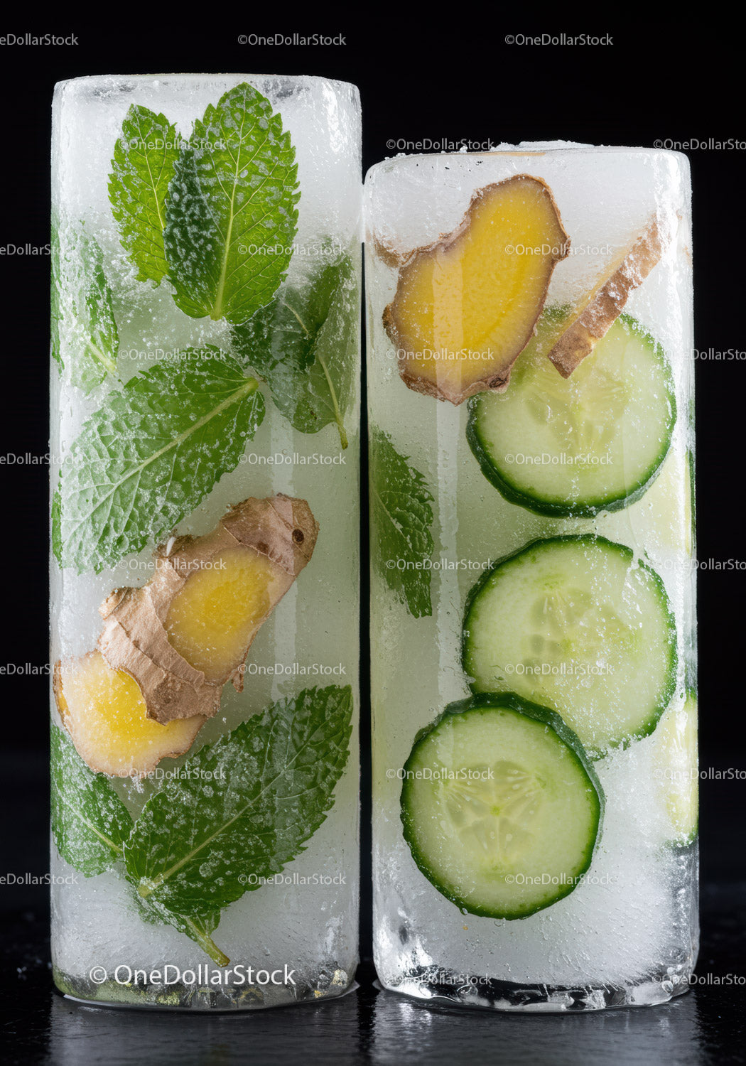 Clear Ice Blocks with Fresh Herbs and Cucumber Slices