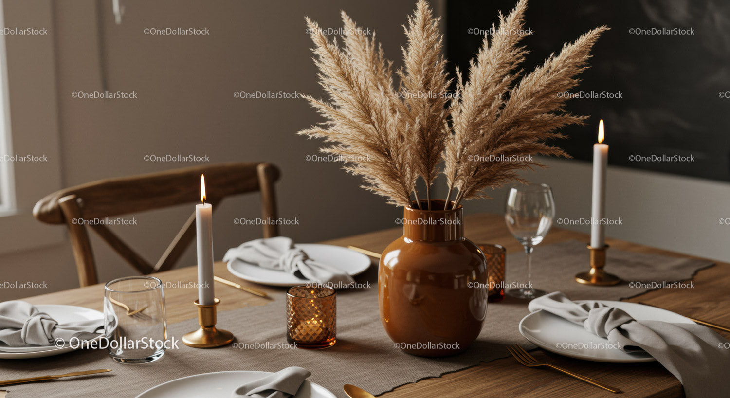 Elegant Rustic Dining Table Decor with Candles and Pampas Grass