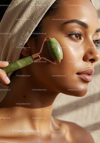 Close Up of Woman Using Jade Roller for Skin Rejuvenation and Beauty