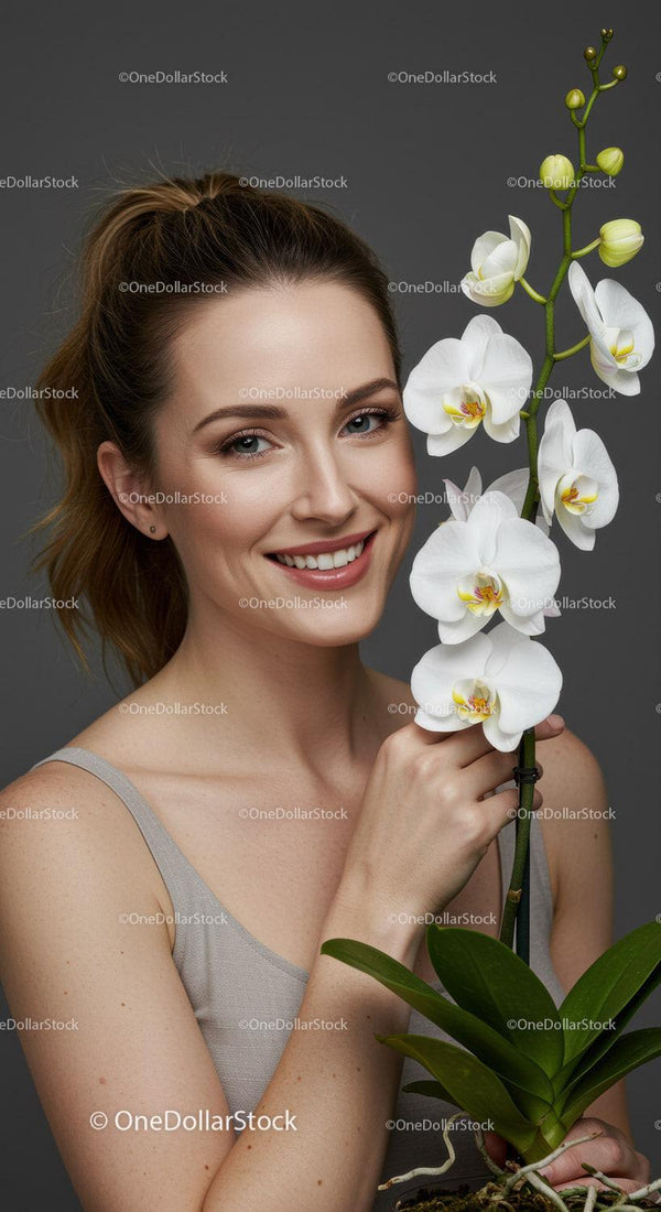 Piękna Kobieta Uśmiechająca Się z Białą Orchideą w Portrecie Studyjnym