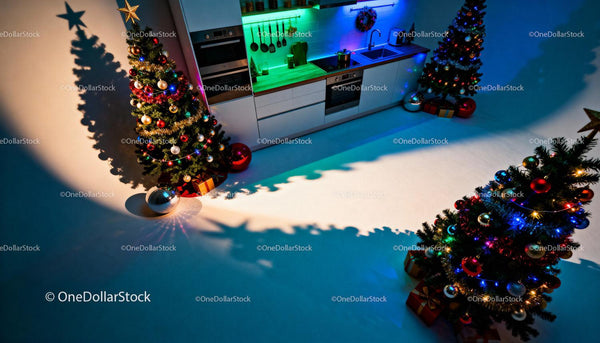 Festively Decorated Kitchen with Three Christmas Trees