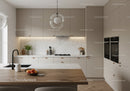 Elegant Modern Kitchen with Marble Backsplash and Wooden Dining Table