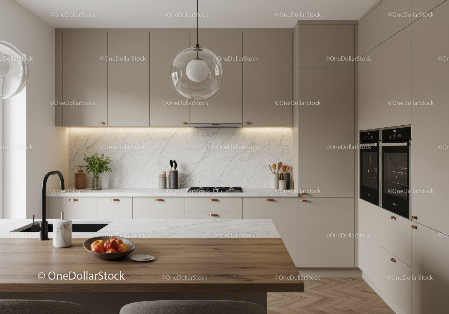 Elegant Modern Kitchen with Marble Backsplash and Wooden Dining Table