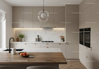 Elegant Modern Kitchen with Marble Backsplash and Wooden Dining Table