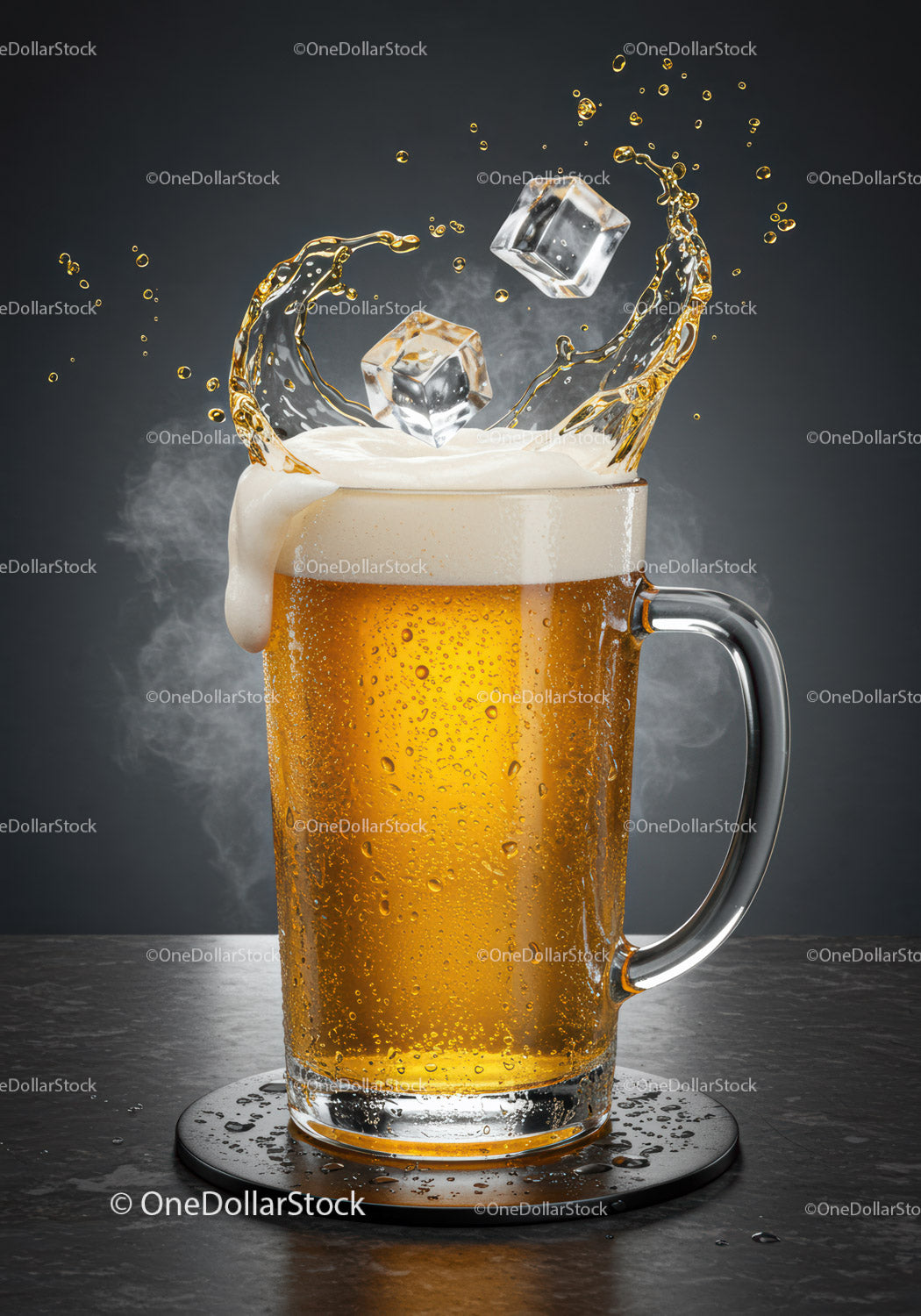 Refreshing Beer Splash with Ice Cubes in Glass Mug