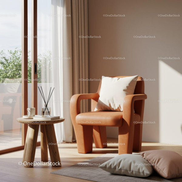 Cozy modern chair with soft cushions near sunlit window