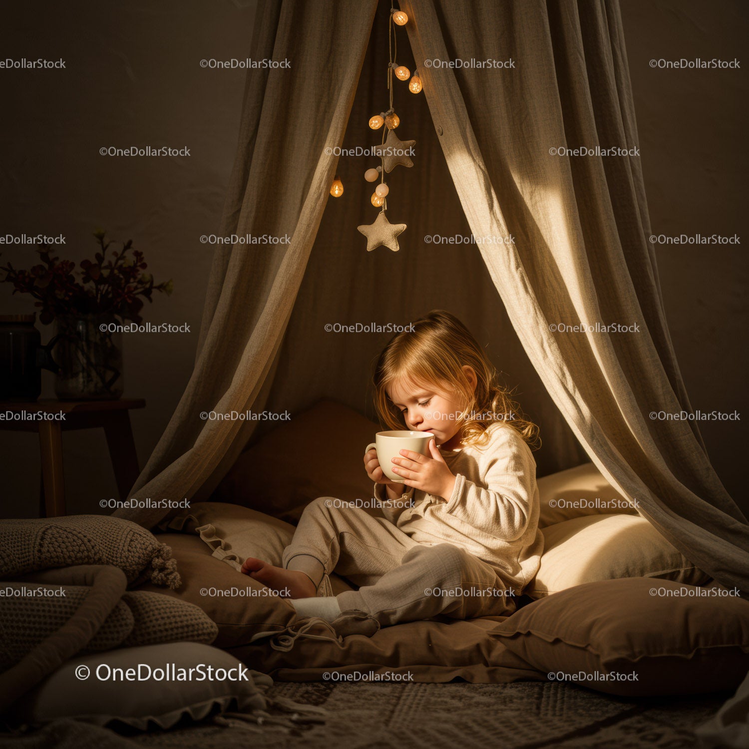 Little girl enjoying a warm drink in cozy tent