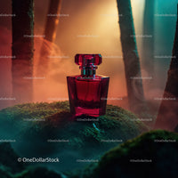 Red Perfume Bottle in a Mystical Forest Scene with Colorful Lighting