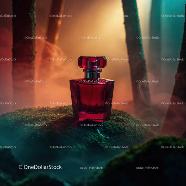 Red Perfume Bottle in a Mystical Forest Scene with Colorful Lighting JPG Mockup Image