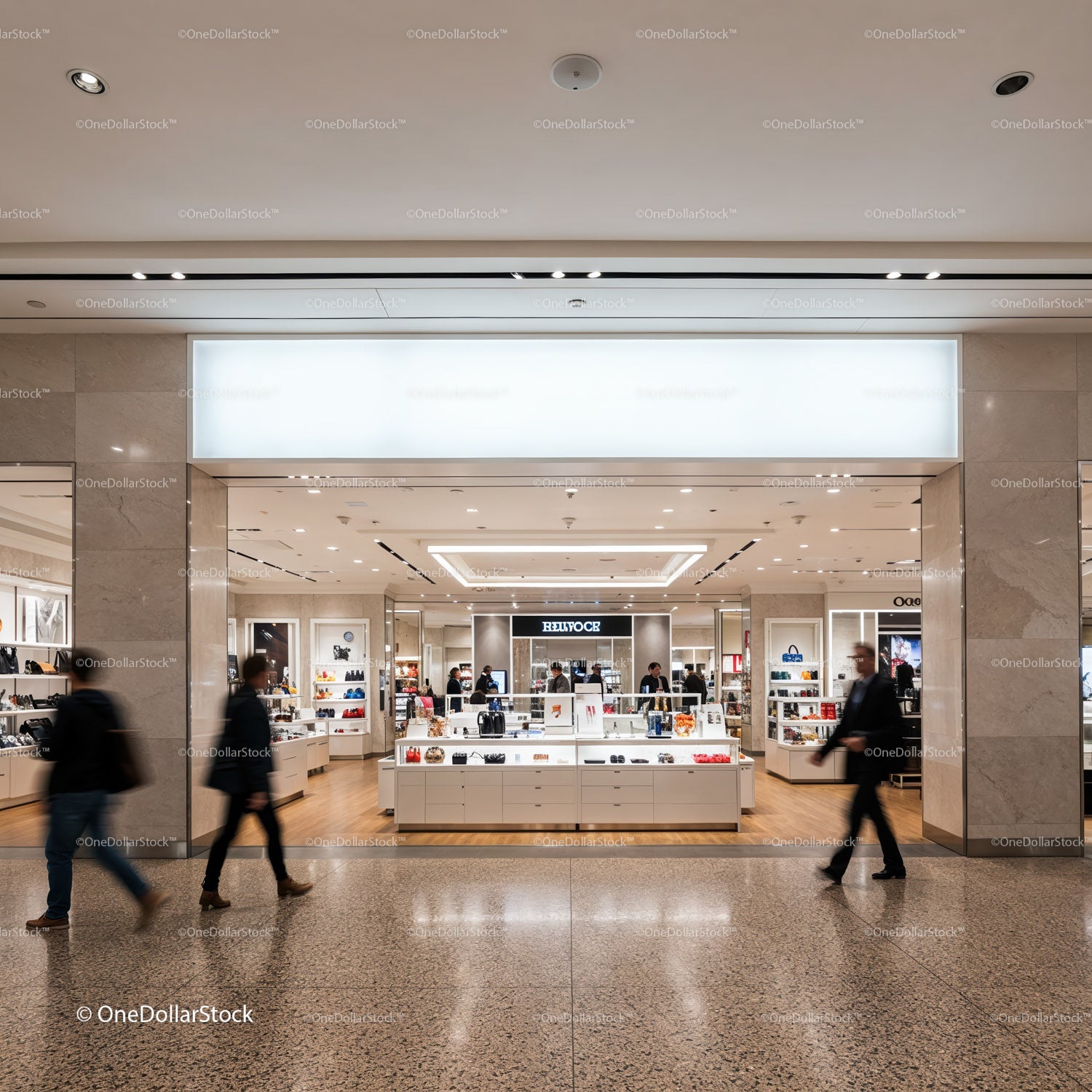 Modern luxury boutique interior with shoppers passing by