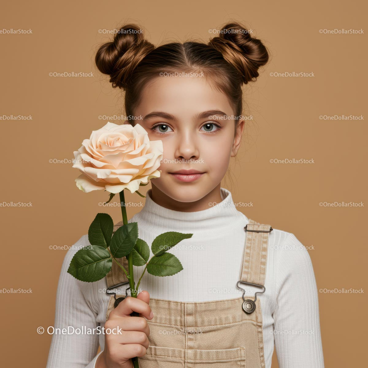 Young Girl Holding Peach Rose with Elegant Hairstyle and Neutral Background