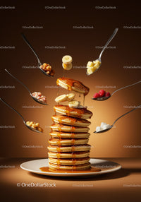 Stack of fluffy pancakes with syrup and fresh toppings