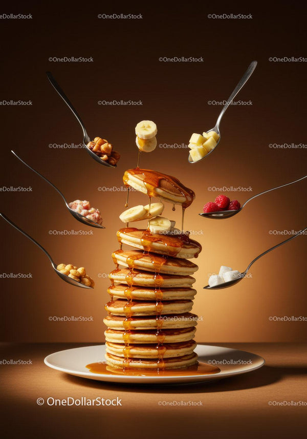 Stack of fluffy pancakes with syrup and fresh toppings