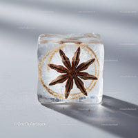 Star Anise Frozen Inside Transparent Ice Cube Closeup