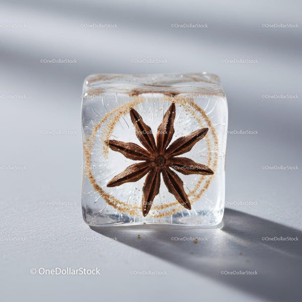 Star Anise Frozen Inside Transparent Ice Cube Closeup