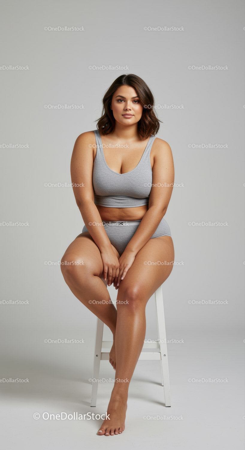 Confident Plus Size Woman Sitting on Stool in Casual Gray Outfit