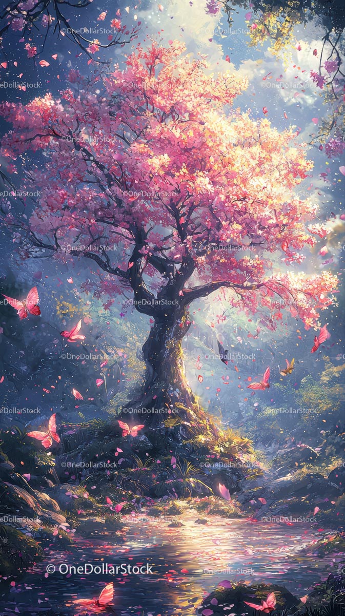 Pink Cherry Blossom Tree in Enchanting Spring Forest Scene