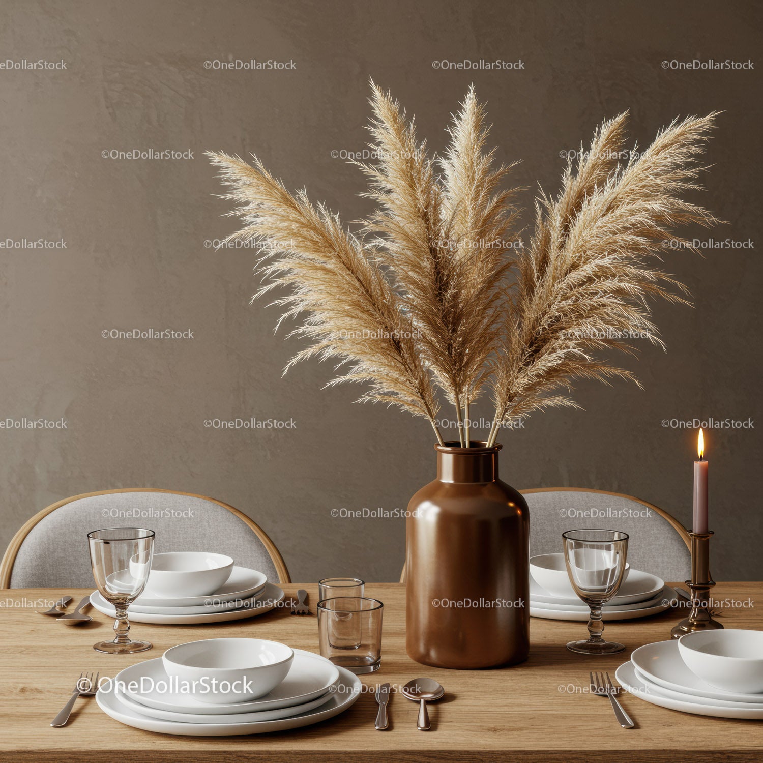 Elegant Dining Table Setup with Pampas Grass and Modern Decor