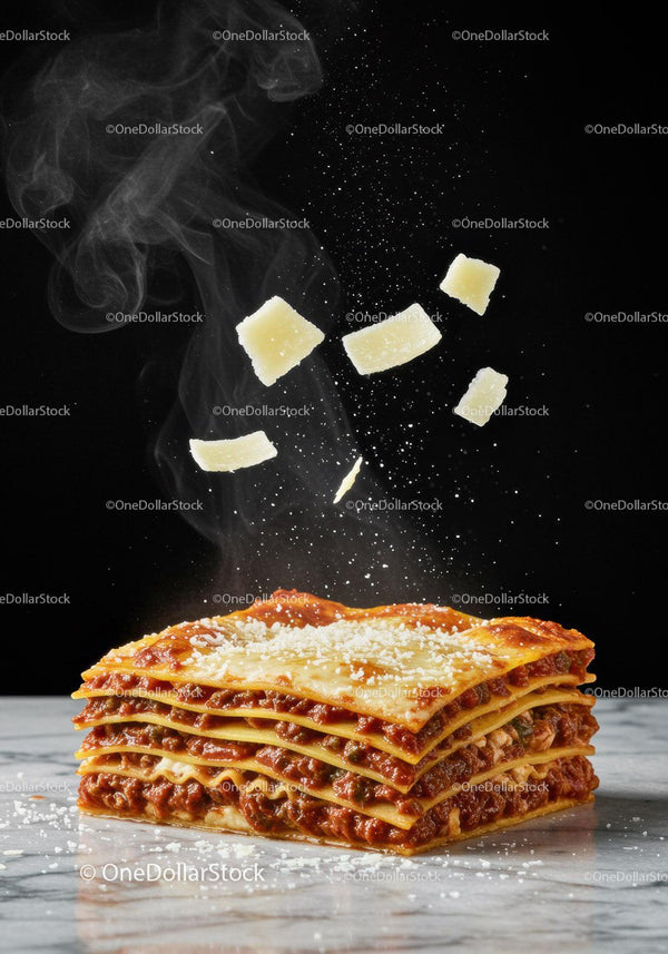 Freshly baked lasagna with cheese falling down