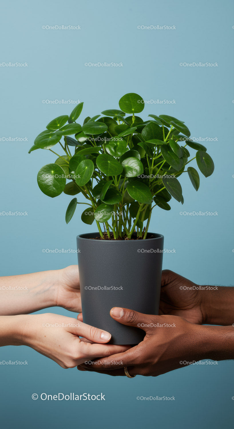 Diverse Hands Sharing Green Potted Plant Against Blue