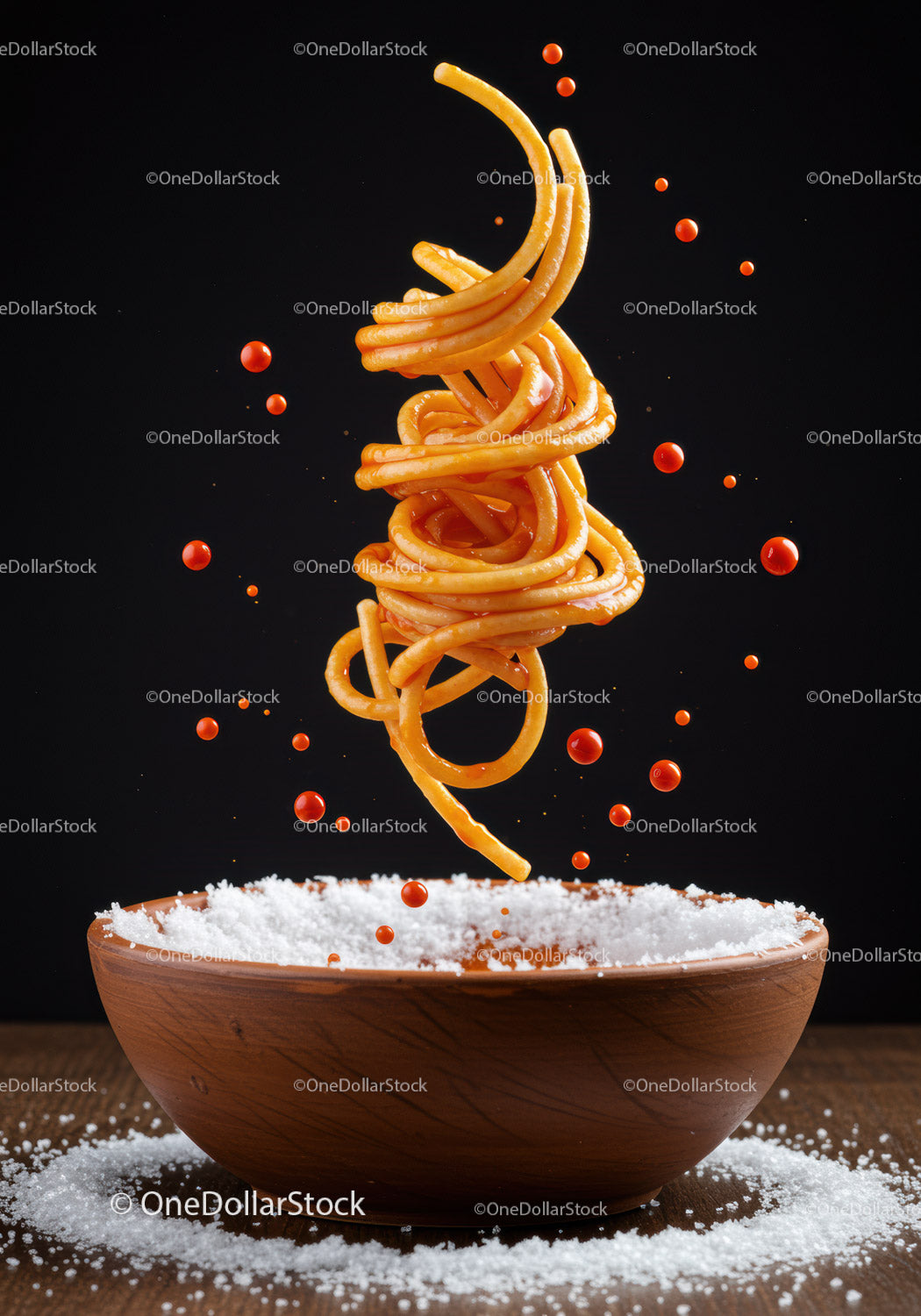 Skręcone spaghetti z kroplami pomidorów na solnej misce