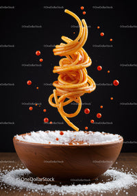 Twisted spaghetti with tomato drops over salt bowl