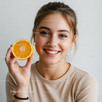 Smiling Woman Holding Fresh Orange Slice in Bright Portrait