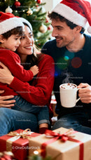 Happy family celebrating Christmas with hot cocoa and gifts