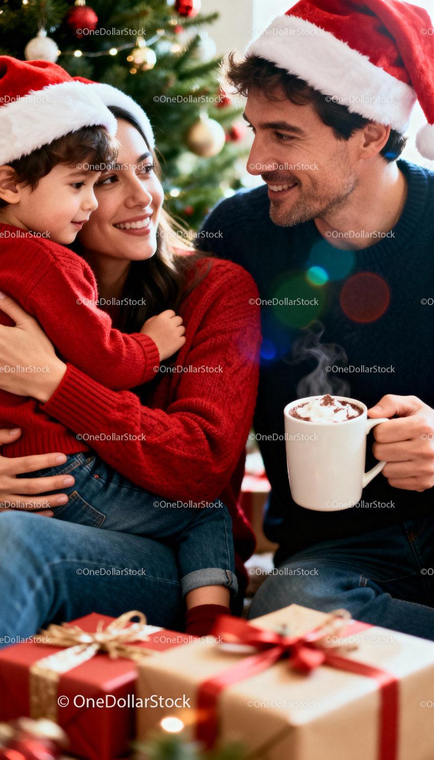 Happy family celebrating Christmas with hot cocoa and gifts