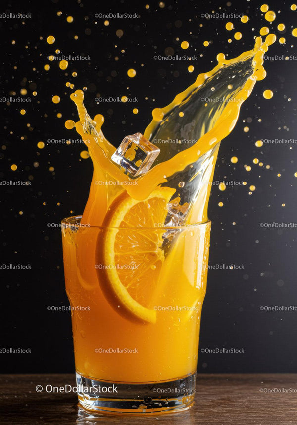 Fresh orange juice splash with ice cube and slice