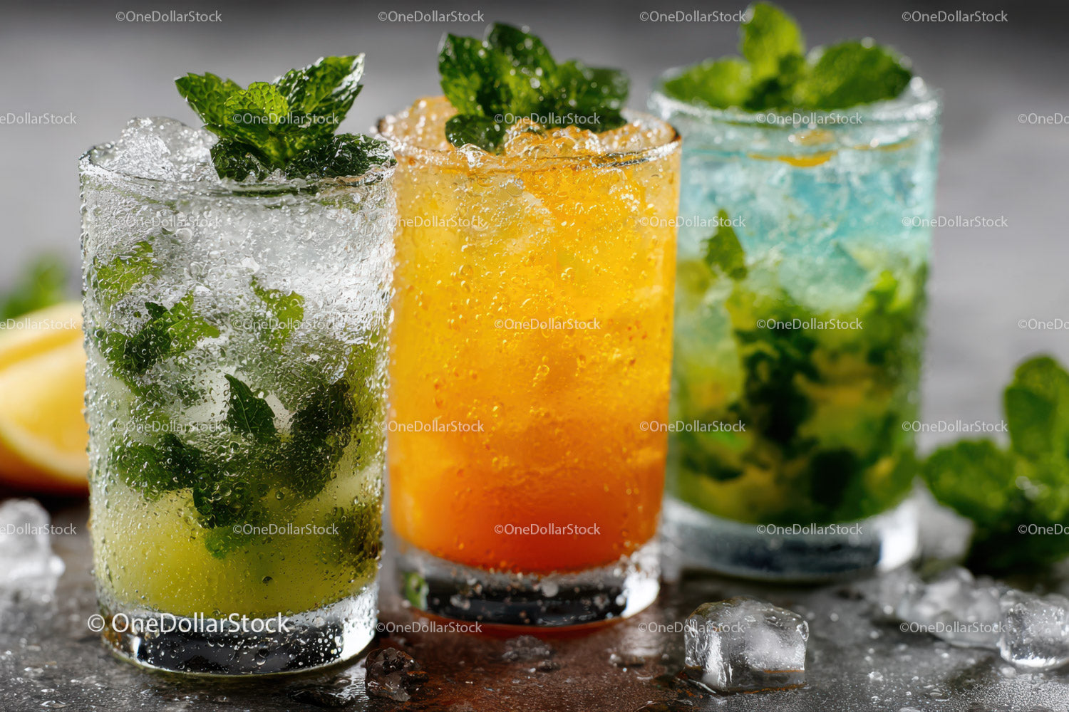 Colorful Summer Refreshing Cocktails with Mint and Citrus