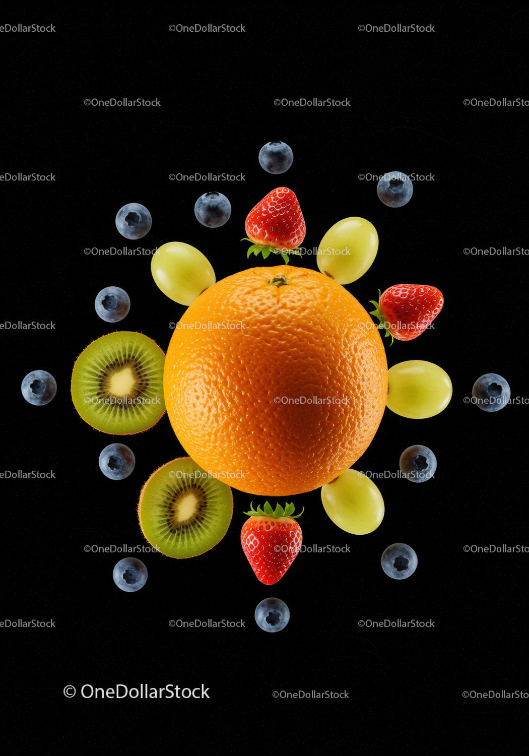 Vibrant arrangement of fresh mixed fruits on black
