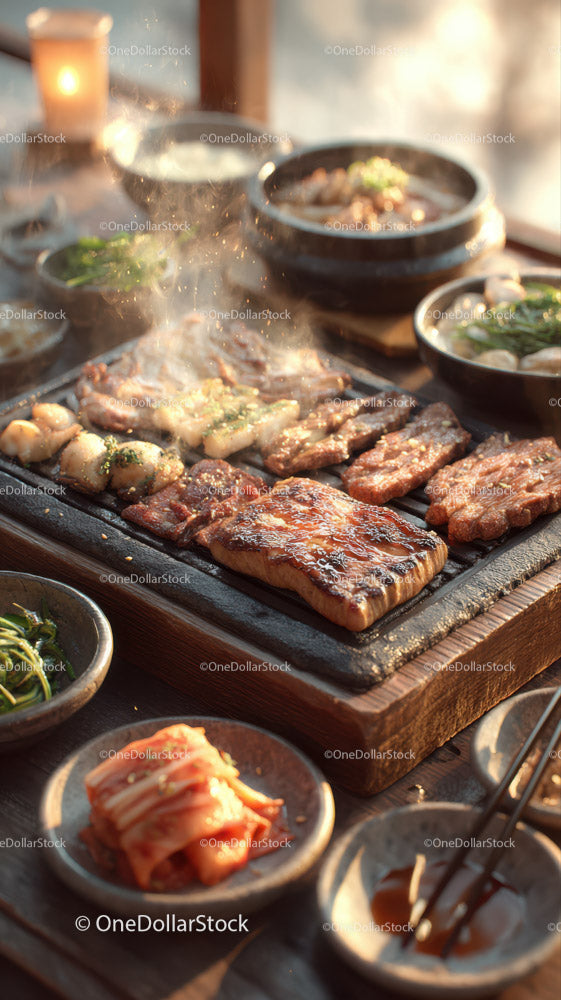 Korean Barbecue with Grilled Meat and Side Dishes in Outdoor Setting