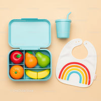 Colorful toddler lunchbox with toy fruits and bib