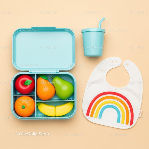 Kolorowy lunchbox dla malucha z zabawkowymi owocami i śliniakiem