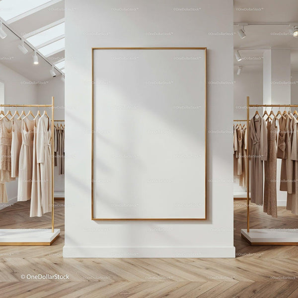 Minimalist fashion boutique interior with blank wall frame JPG Mockup Image