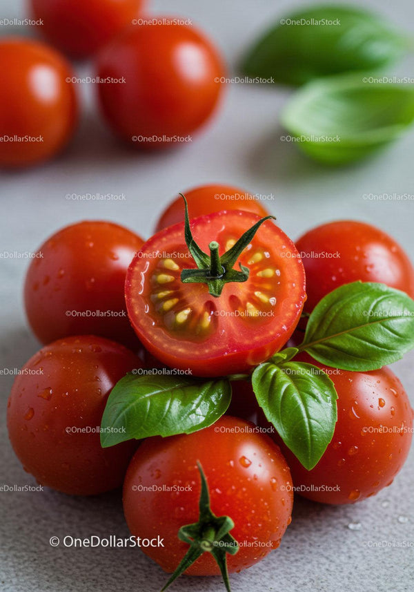 Fresh cherry tomatoes with basil leaves on gray surface