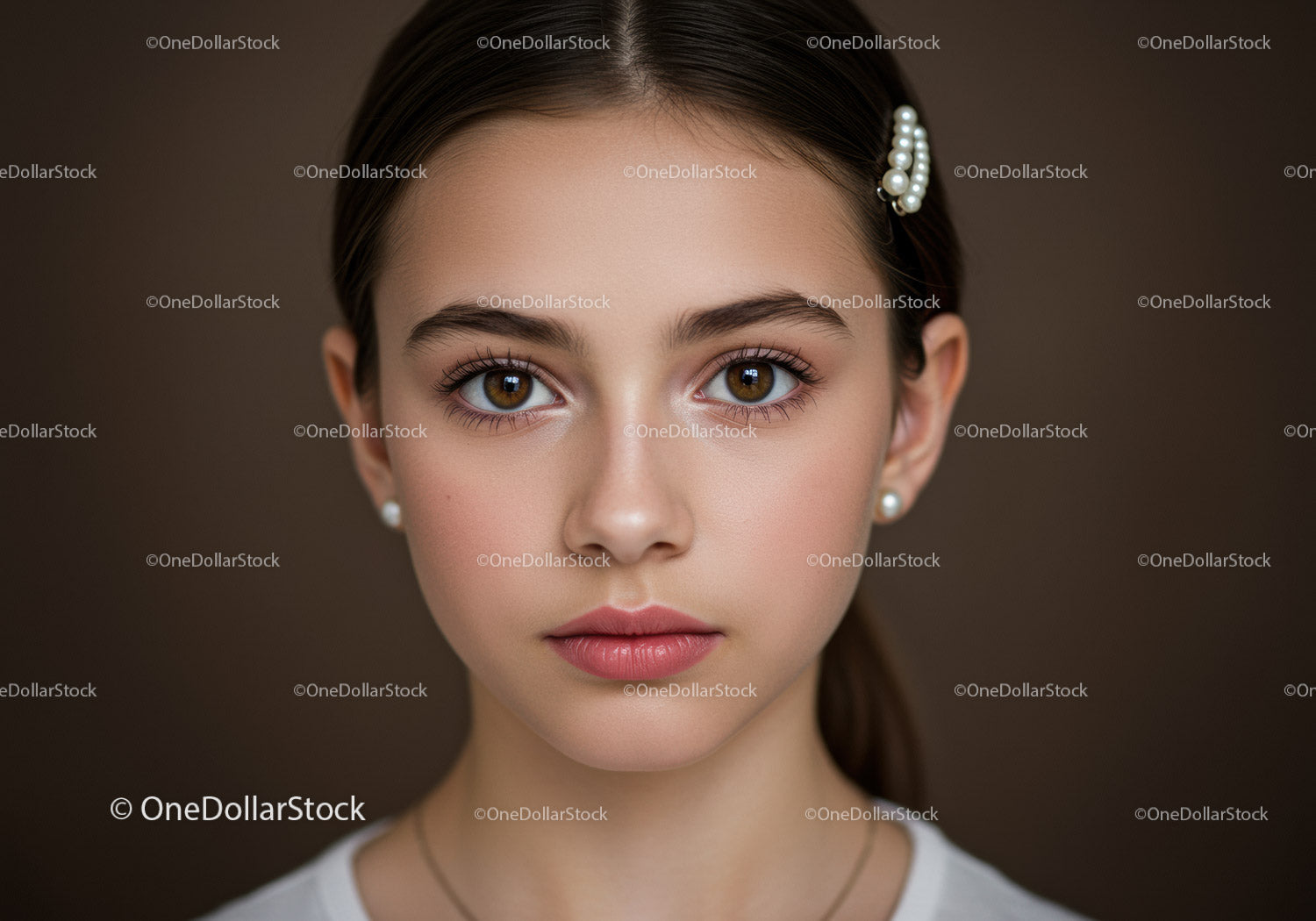 Portrait of a Young Girl with Brown Eyes and Elegant Jewelry