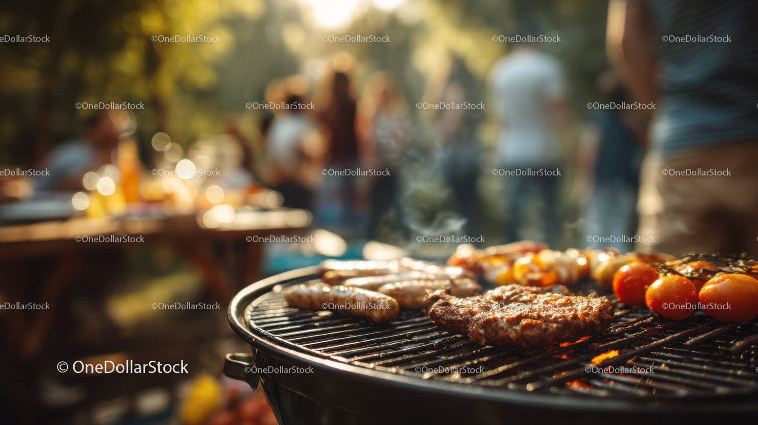 Barbecue Grill with Sausages and Vegetables at Outdoor Gathering