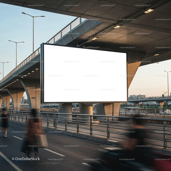 Urban blank billboard under concrete overpass at dusk JPG Mockup Image