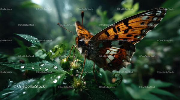 Close-up of a Vibrant Orange Butterfly on Green Foliage in Nature