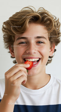 Smiling Teenage Boy Enjoying Fresh Strawberry with Bright Expression