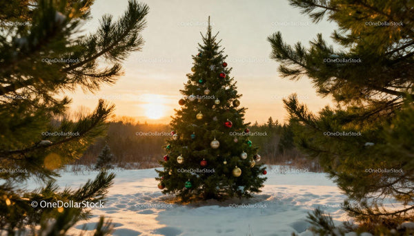 Decorated Christmas Tree in Snowy Winter Landscape at Sunset